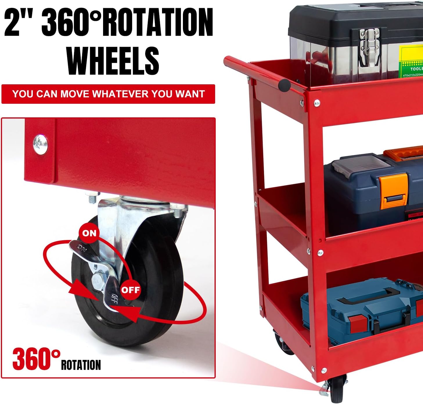Heavy Duty 3-Tier Rolling Tool Cart with 2 Brakes - 32 x 14 Inch Metal Utility Cart, 400 lb Capacity, Mobile Service Cart for Garage, Workshop, Warehouse & Office (Red)