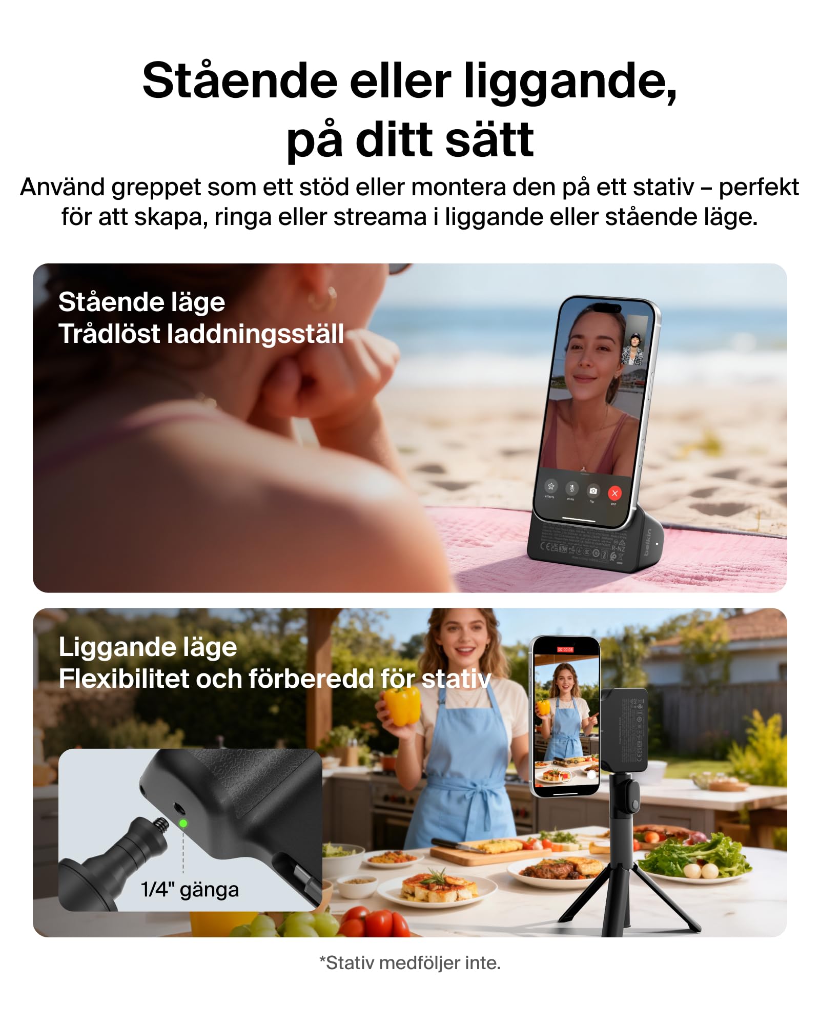 Belkin Stage PowerGrip Magnetyczny Uchwyt do Aparatu, 9300 mAh – Czarny | Powerbank Bezprzewodowy 9300 mAh, 15 W, Port USB-C, Kabel w Zestawie, Przycisk Migawki Bluetooth, Podstawka, Naładowany