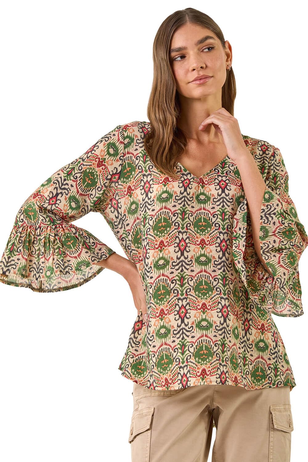 Roman Originals Women's Moss Roman Abstract Print Frill Detail Top For Uk - Everyday Summer Holiday V-Neckline Comfy 3/4 Sleeve Soft Relaxed Fit Shirt Daywear Vacation Blouses - Size 12