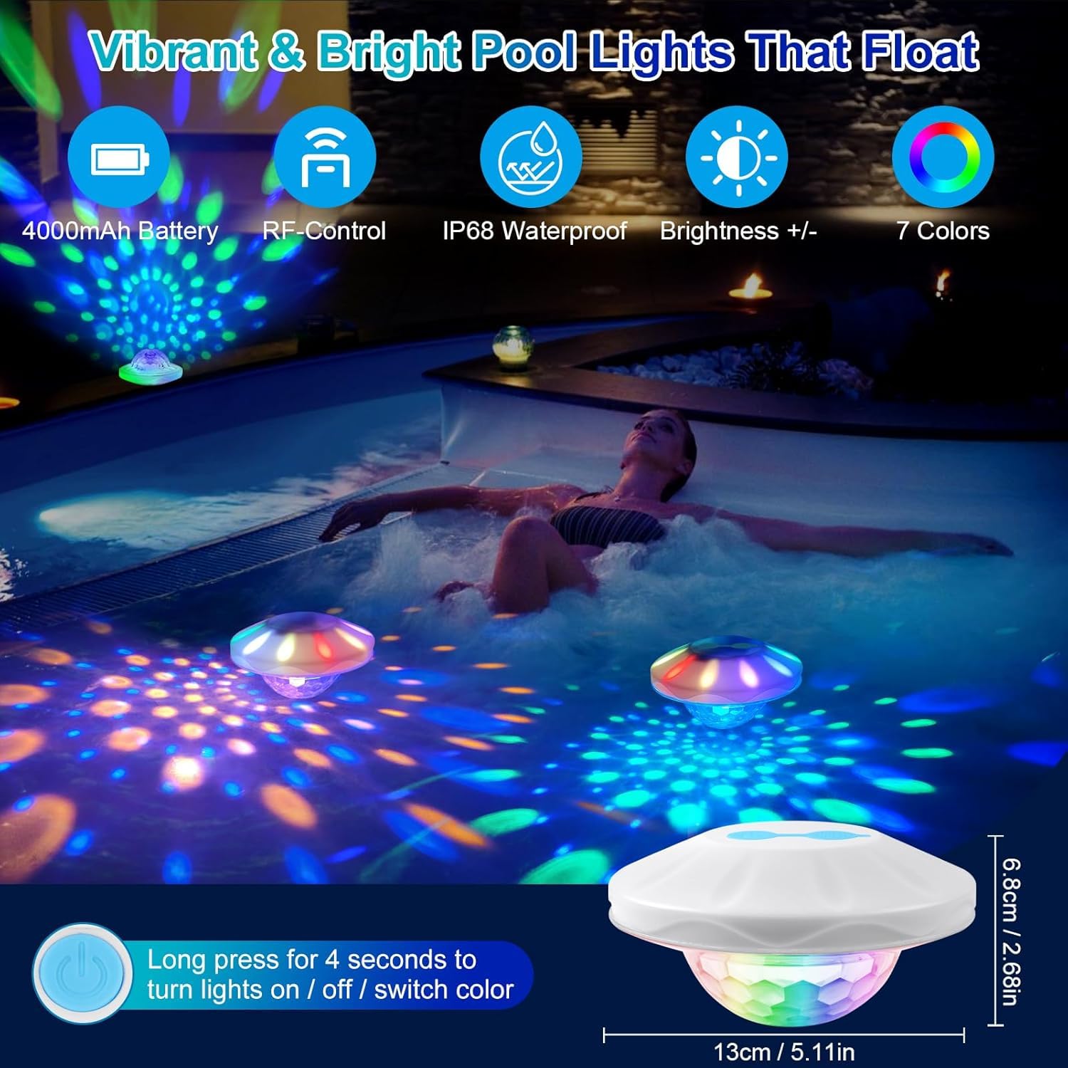 TEPENAR Schwimmende Poolleuchte 7 Modi IP68 – Wiederaufladbare Disco & Spa-Beleuchtung für Schwimmbecken, Whirlpools, Aquarien, Gartenteiche – Wasserdichte LED-Deko für Outdoor-Partys (2Stk)