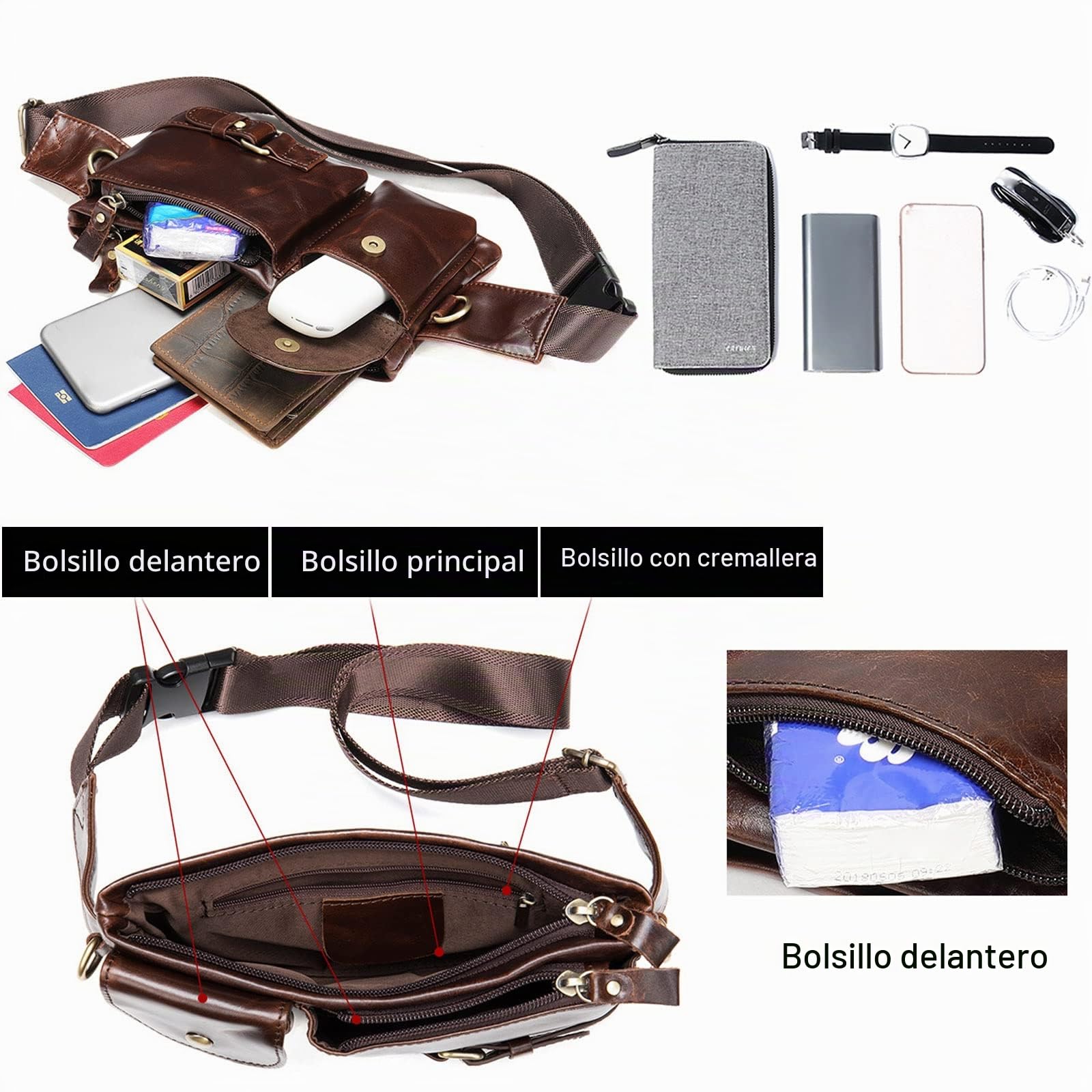 FANDARE Retro Riñonera Hombre Bolso Hombro Bolsa de Pecho Cuero Bolsa Cruzada Bandolera Impermeable Bolsos Bandolera para Hombres Excursionismo Senderismo Escolar Viaje Crossbody BagMarrón B