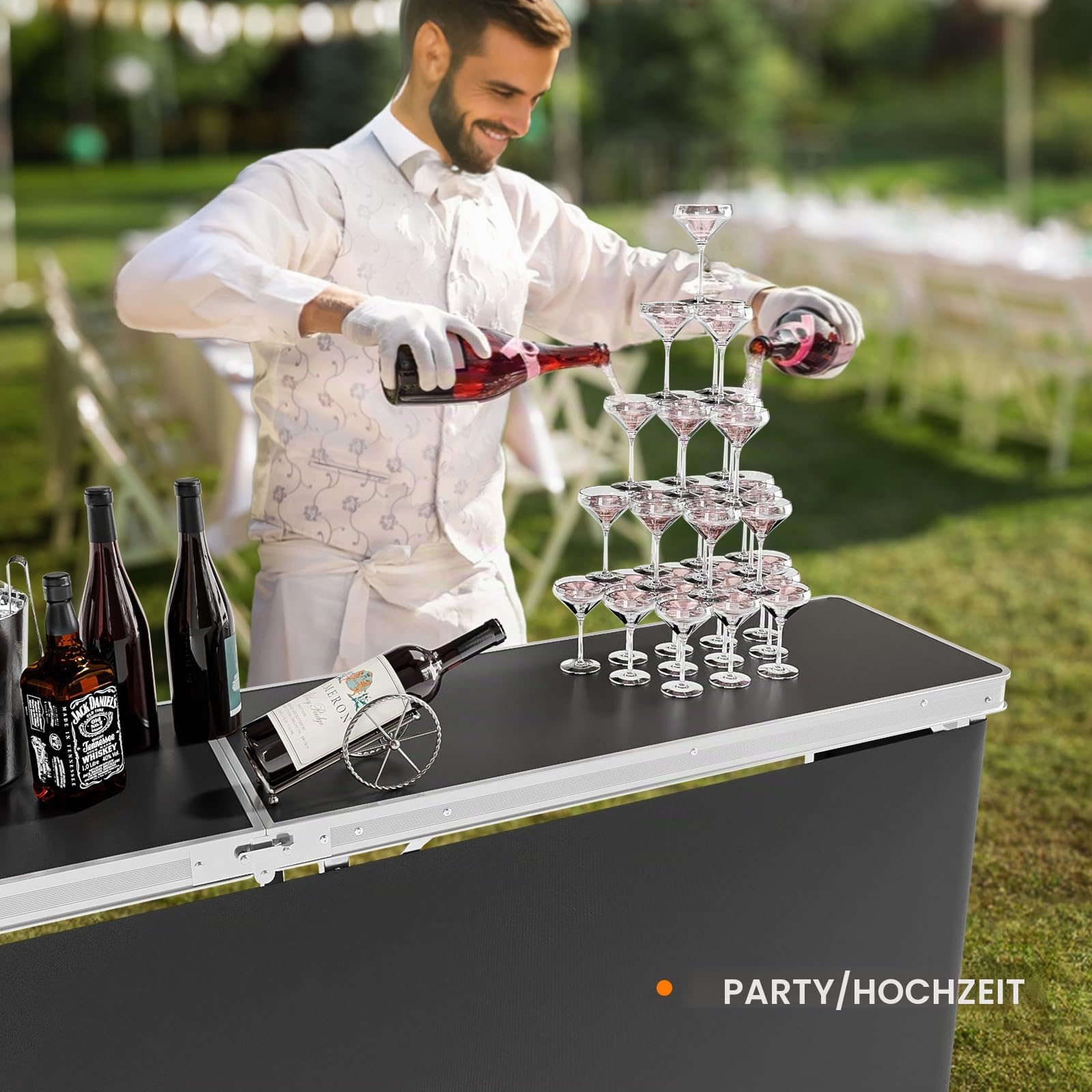 Bonnlo Campingtisch aus Aluminium, 2-stufige Ablage mit Oxford-Stoff, Outdoor Bartisch Klappbar, Leicht & Tragbar, inkl. Tragetasche, 198 x 38,5 x 87cm, bis 50kg, für Camping, Garten, Party & Picknick