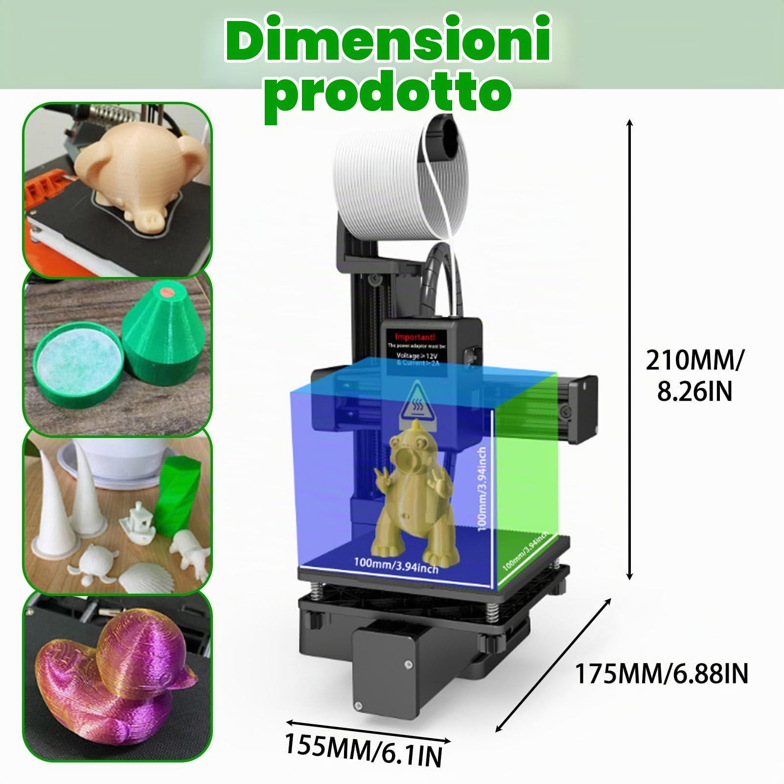 Stampante 3D FDM per Principianti, Facile da Usare E Silenziosa con Piano di Stampa Rimovibile, Dimensioni di Costruzione 100x100x100 mm per Uso Domestico, Didattico E per Bambini Black