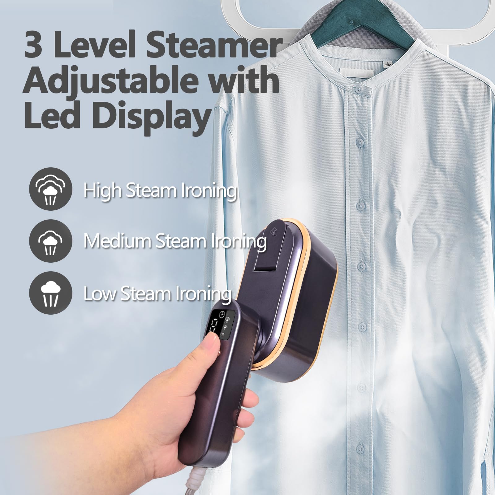 Dampfbügeleisen Mini mit LED-Anzeige,180°Faltbares tragbares Reisebügeleisen, Handgerät Bügeleisen Dampf 1200W 150ML iron 10s Schnelles Aufheizen 3 Dampfstufen für Reisen und Zuhause (Lila)