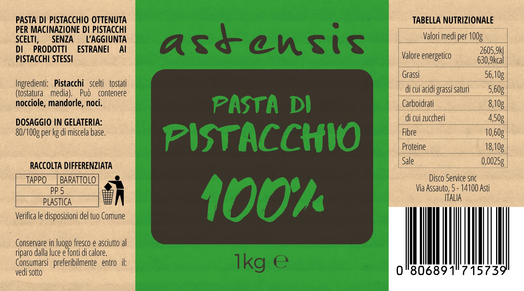 Astensis Pasta 100% di Pistacchio 1000g - Crema di Pistacchio Ottenuta per Raffinazione a Pietra di Pistacchi Scelti, Senza l'Aggiunta di Prodotti Estranei ai Pistacchi Stessi - 1 Kg
