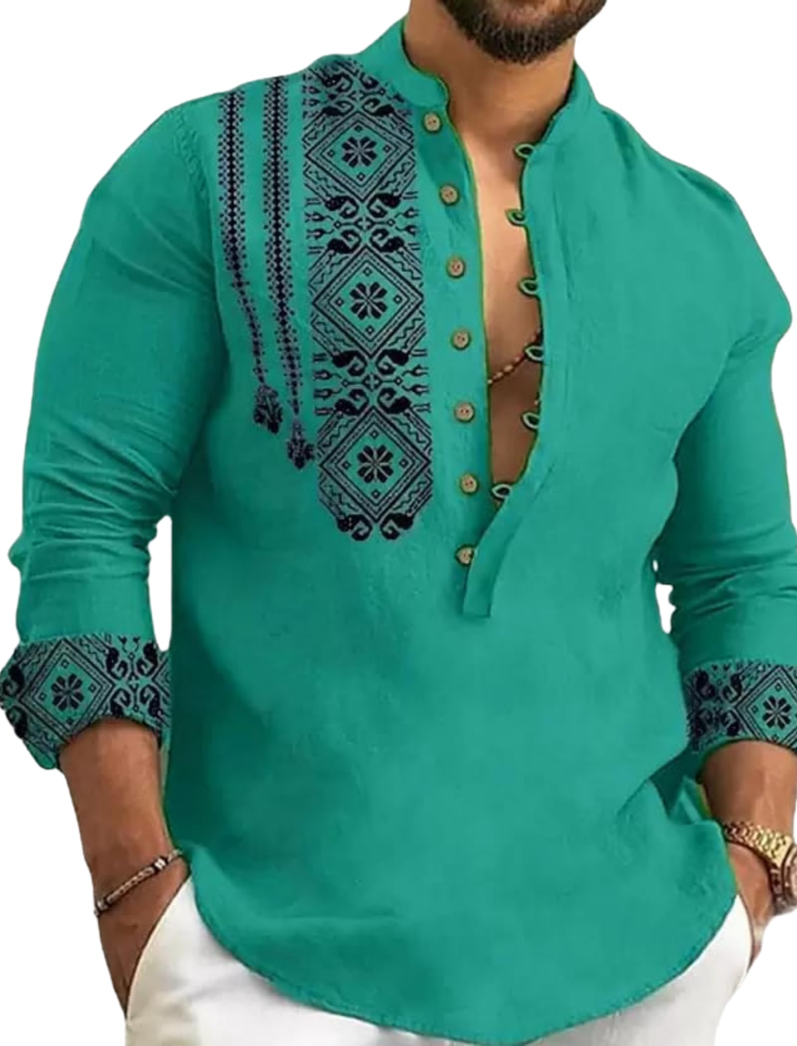 Deemoon Men's Rama Kurta Casual Long Sleeve Cotton Blend Kurta, L