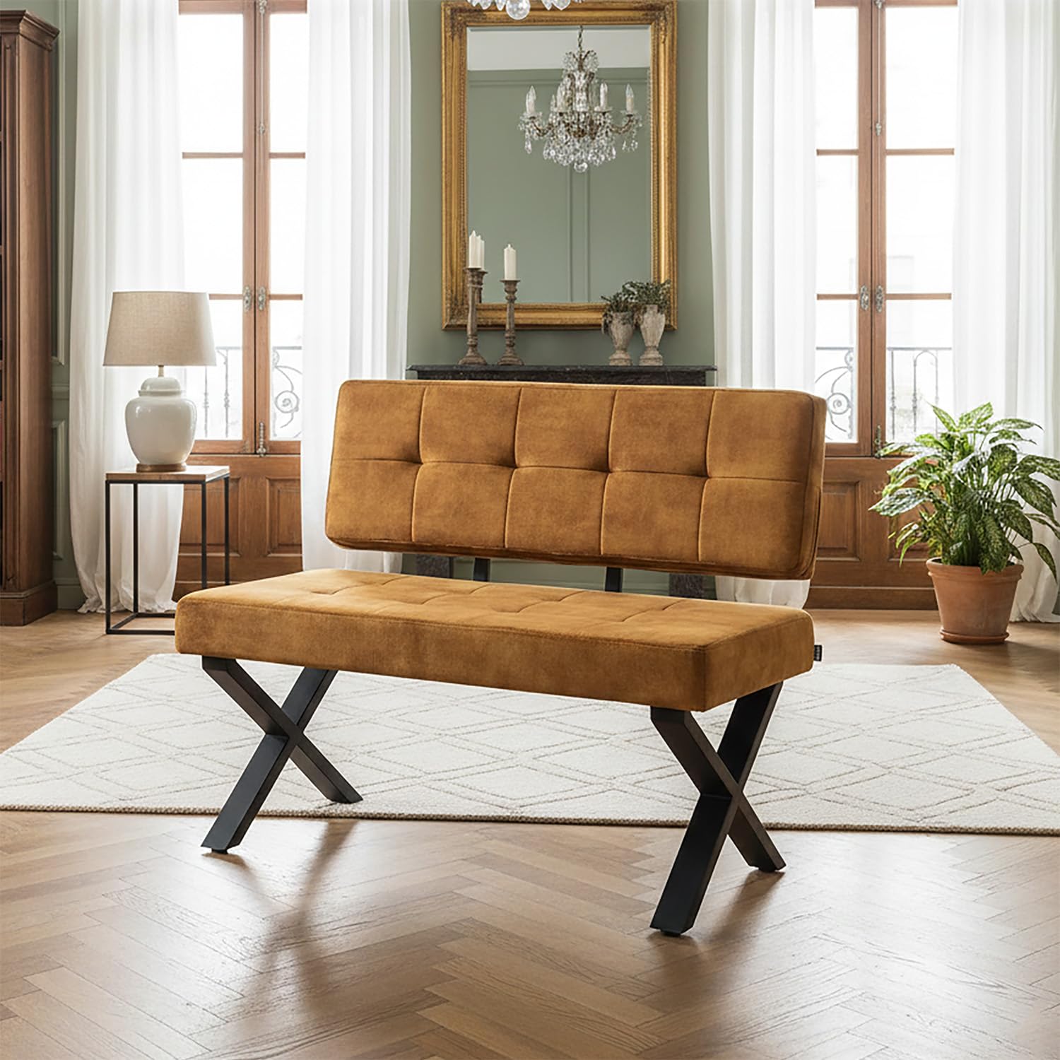B&D home® Sitzbank Karen 100cm – gepolsterte Esszimmerbank mit Rückenlehne, X-Metallgestell schwarz, Webstoff/Microfaser in Gelb, modern Industrial Design für Esszimmer, Küche & Flur