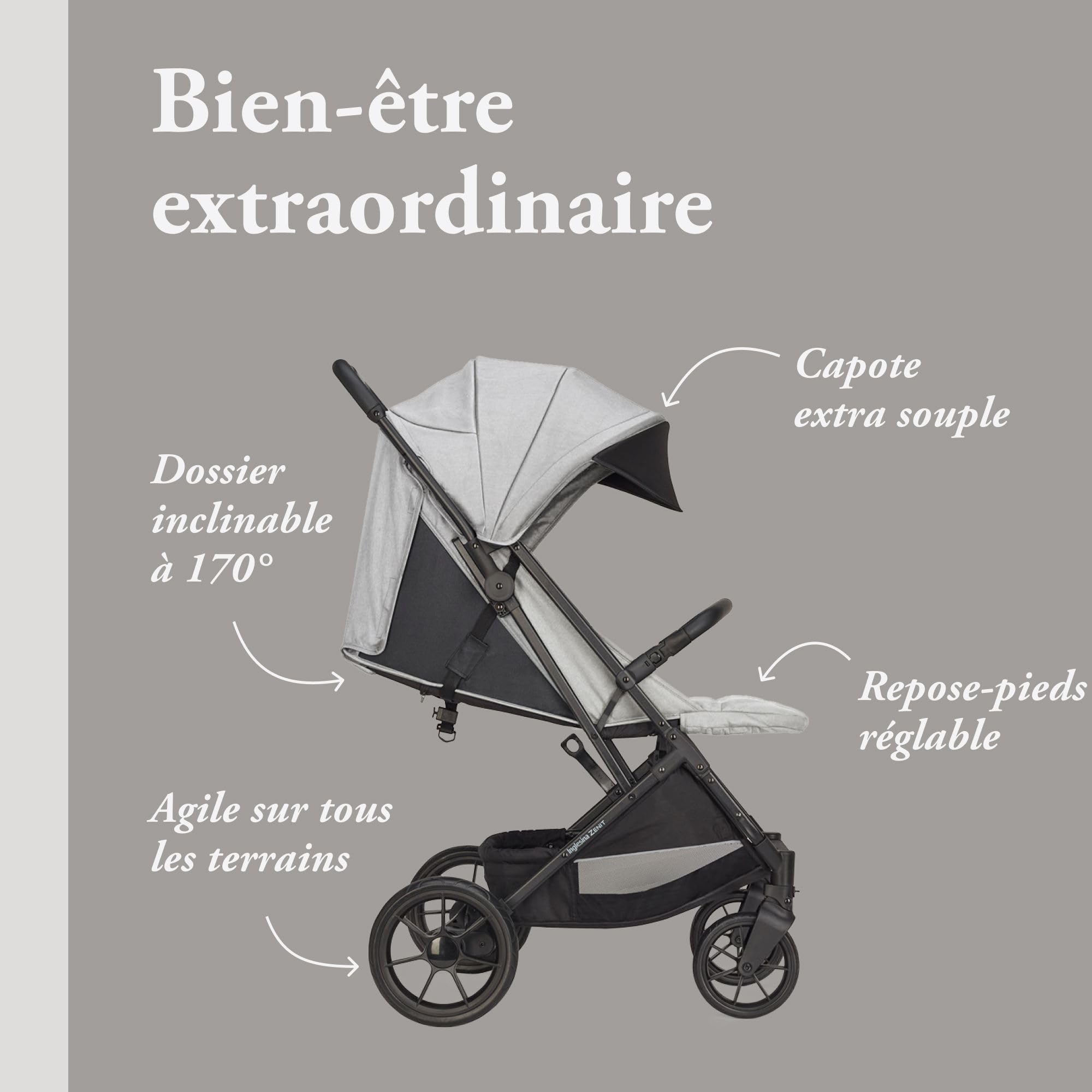 Inglesina Zenit Poussette Compacte, Gris, Performances Excellentes, Confortable, jusqu'à 22kg, Grandes Roues, Siège Spacieux, Exclusivité Amazon