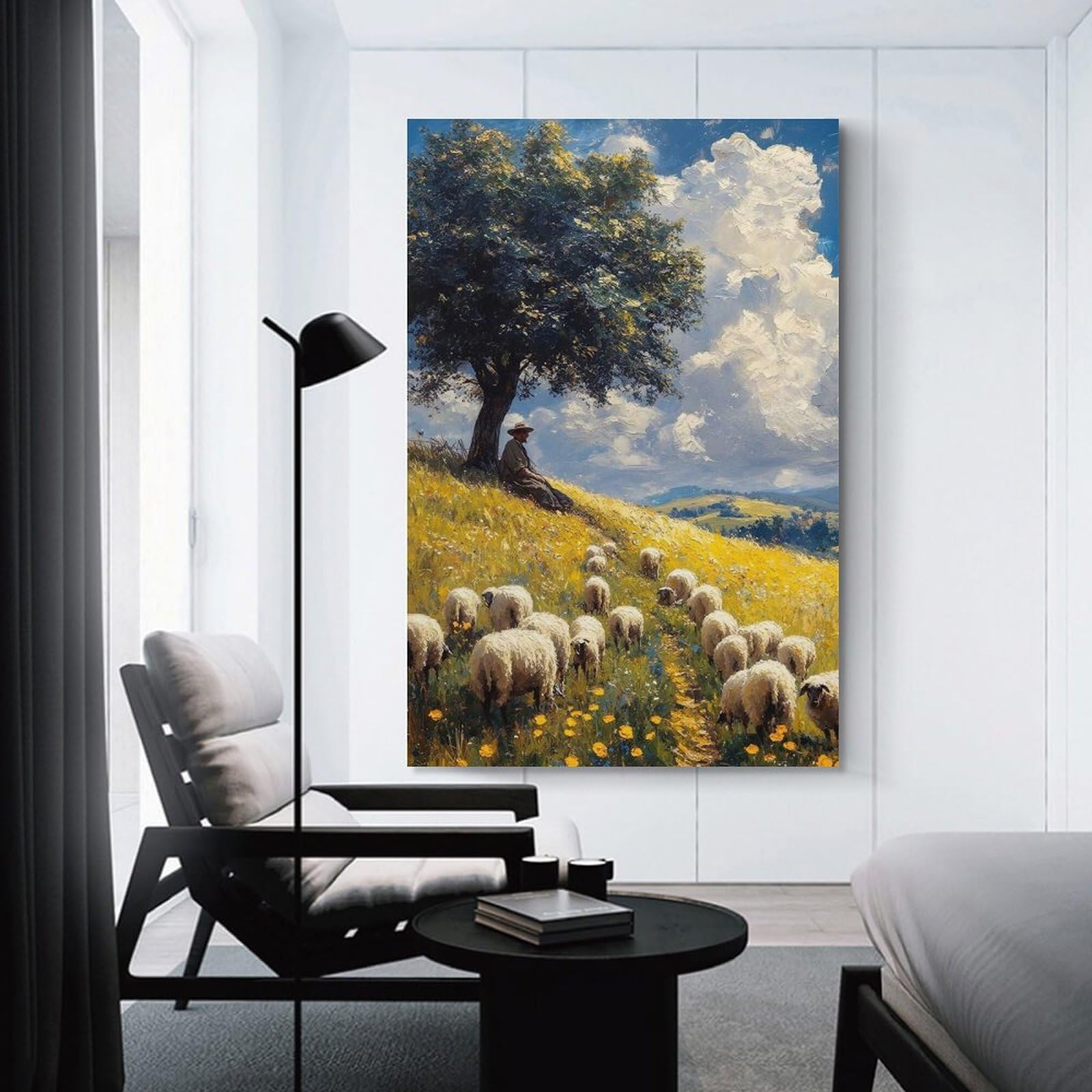 Junmoney Unframe-Style-10 Shepherd And Sheep In Sunny Landscape Room Decor Wall Art 24X36inch(60X90cm), For Entrance Walls, Hall Decor Or Foyers, A Neat Decor Update For Hallways