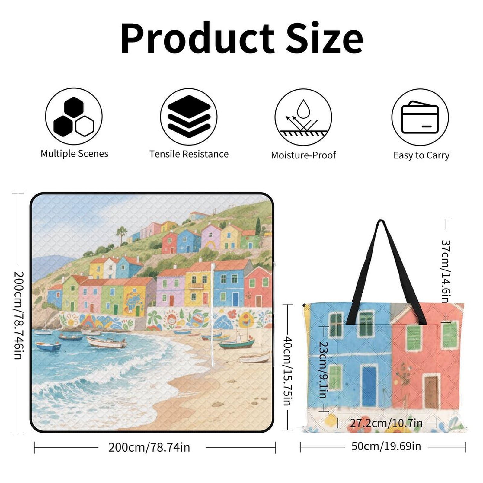 Tappetino da spiaggia con stampa di città colorata, portatile, extra large, adatto per viaggi, escursioni, festival musicali, prati, spiagge, picnic all'aperto