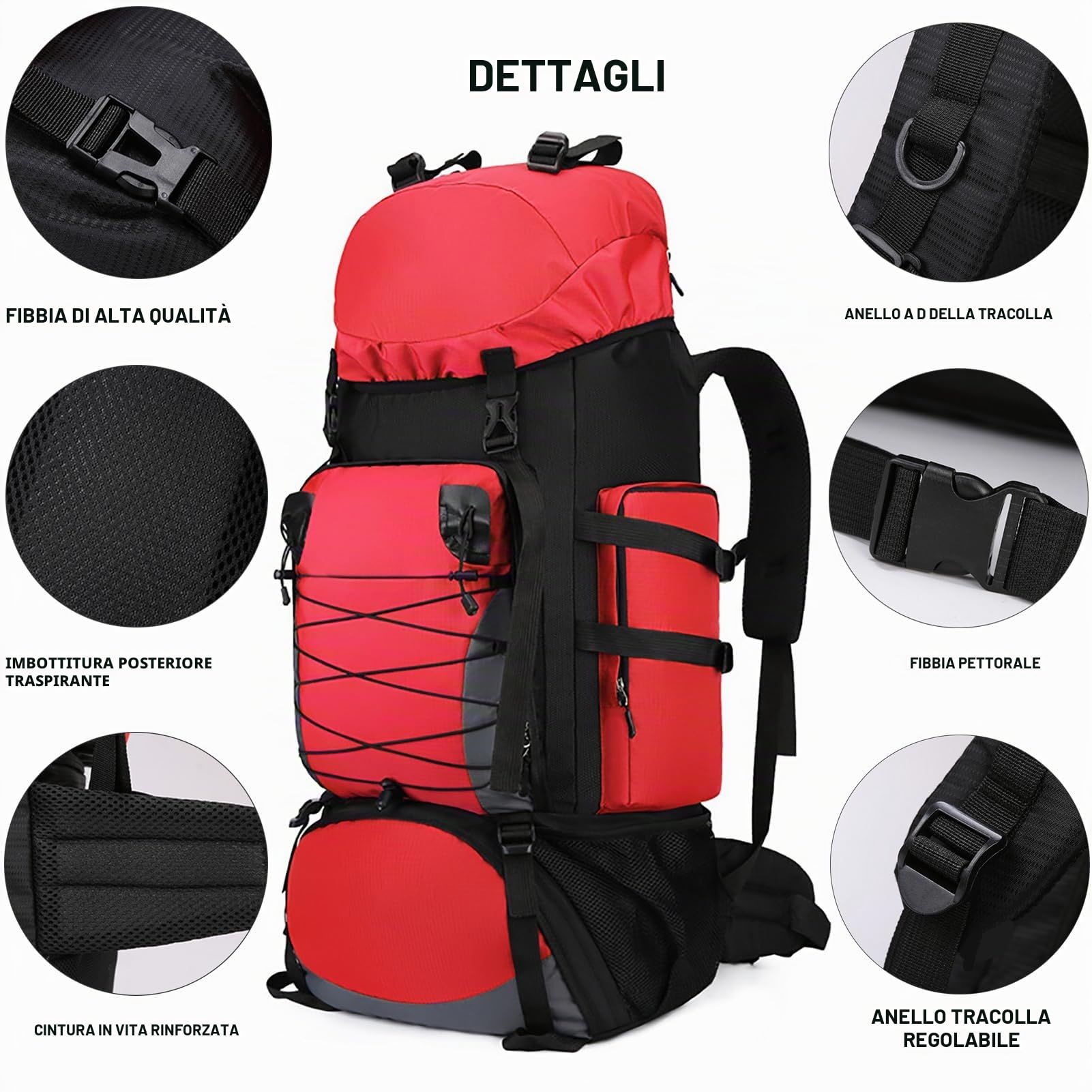 Zaino da Trekking 80L - 90L Impermeabile Zaini da Escursionismo Zaino Viaggi di Campeggio Montagna per Donna e Uomo Zainetto Leggero Zaino per Alpinismo Arrampicata Ciclismo,Rosso