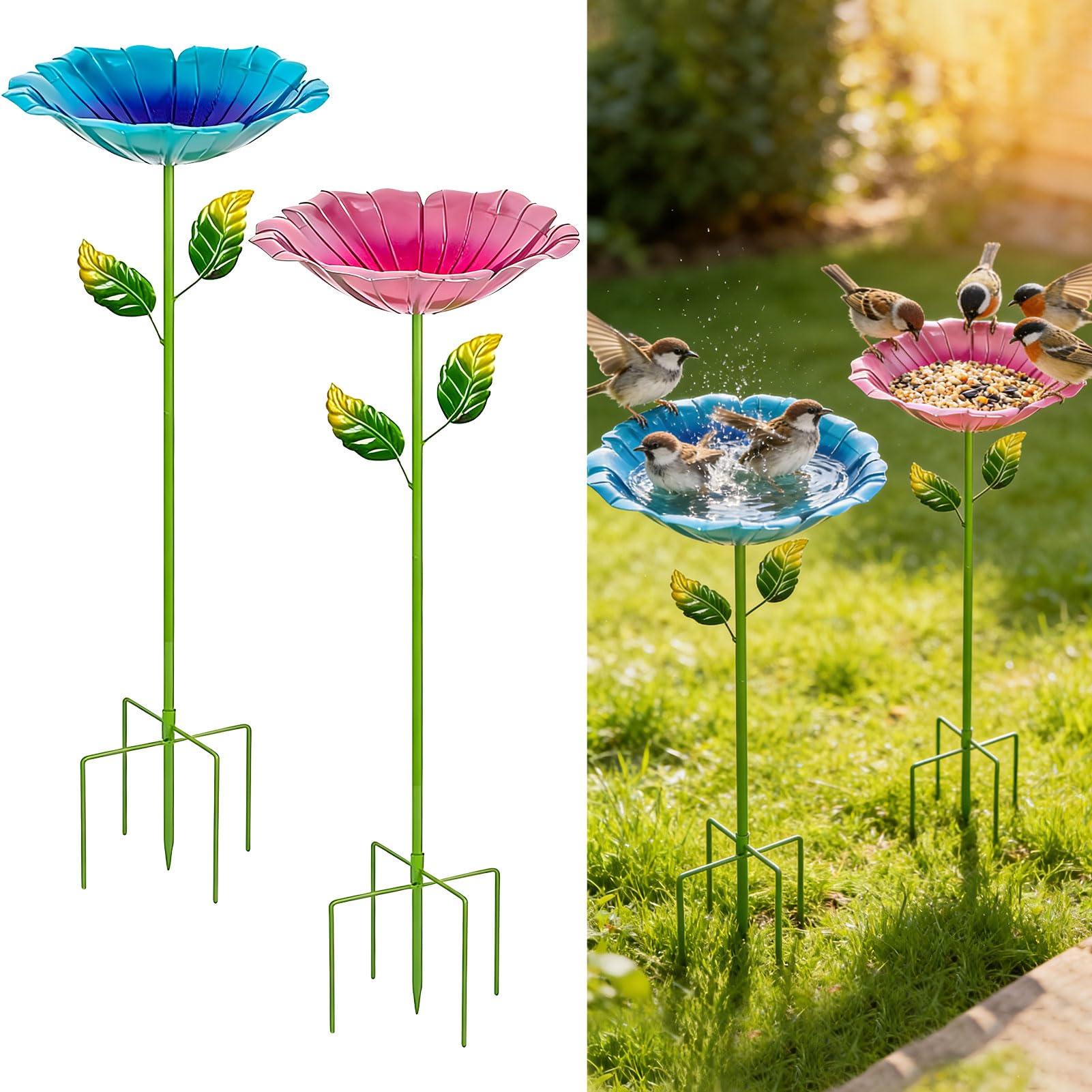 2stk Vogeltränke Stehend, 80cm Metall Blumen Vogeltränke Gartenstecker Mit 5 Bodennägeln, Voge-ltränke Winterfest Frostsicher Rostfreien, Futterstation Vögel Insektentränke Für Garten,Hinterhof(A)