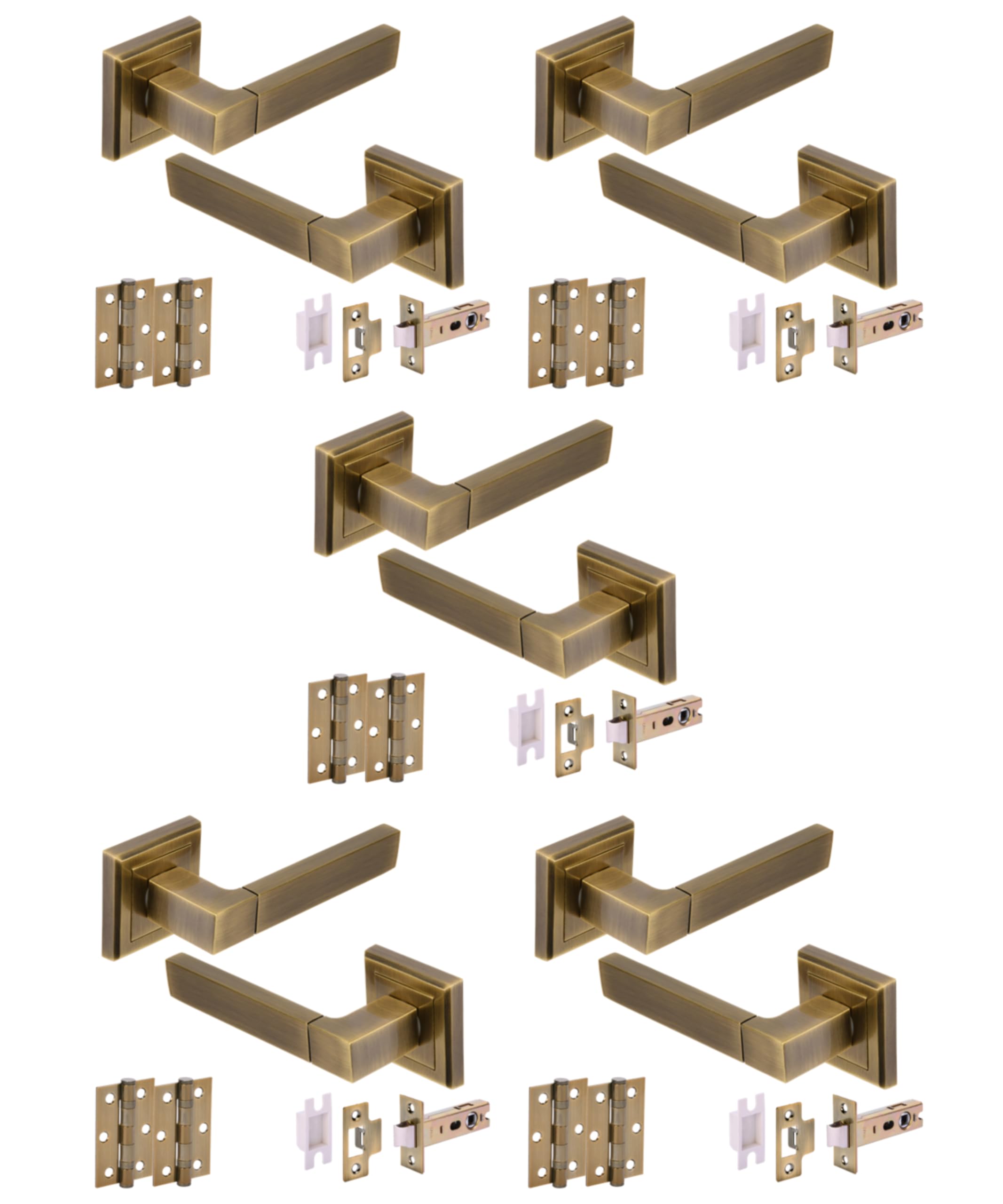 Hunta HANDLEZONE® Reno Internal Door Handle Packs, Square Lever Door Handles on Square Rose, 76mm Latch (57mm Backset), 75mm Ball Bearing Hinges, 5 Sets - Antique Bronze