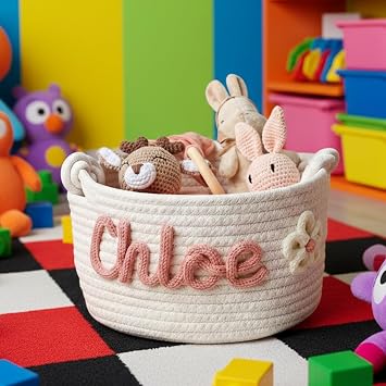 Personalized Baby Basket with Name, Custom Rope Cotton Baby Gift Basket