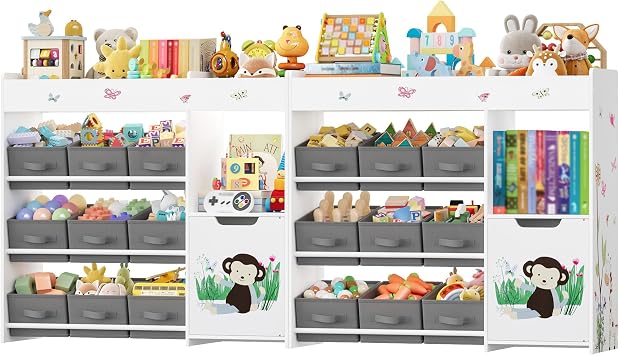 HOCSOK Toy Storage Unit, 3-Tier Kids Bookshelf, Toy Organiser with 9 Fabric Bins, Kids Storage Units for Nursery, Playroom, Bedroom, 2 Piece
