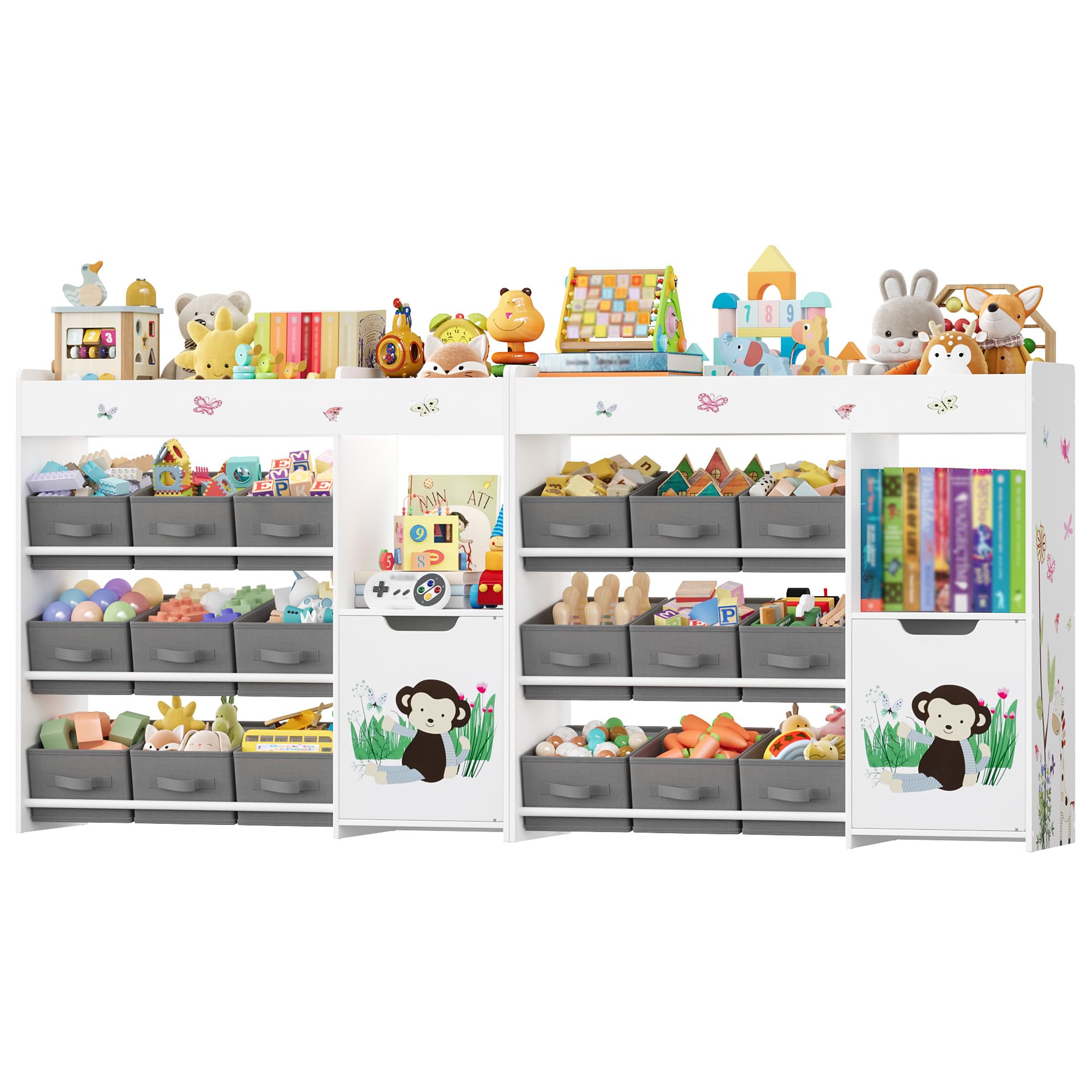 HOCSOK Toy Storage Unit, 3-Tier Kids Bookshelf, Toy Organiser with 9 Fabric Bins, Kids Storage Units for Nursery, Playroom, Bedroom, 2 Piece