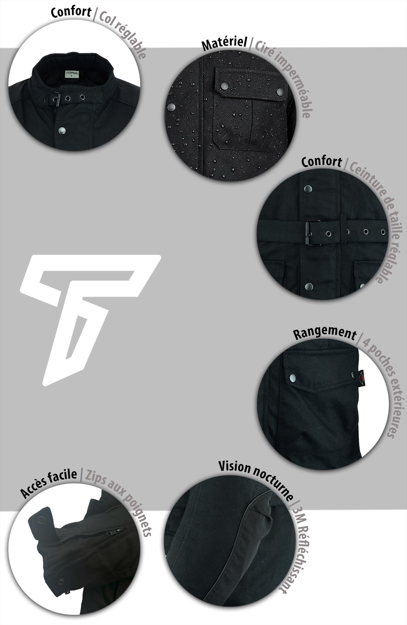 Texpeed Cirée imperméable veste homme homologué avec protection - Hiver longue blouson motard avec armure CE (EN 1621-1) Noir - L