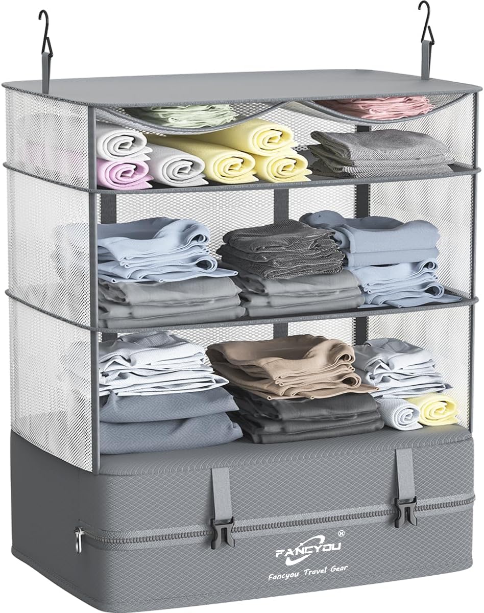 Compressible Packing Cubes Portable Hanging Closet Shelves 17"x12"x24" Extendable Travel Organizer Nylon Packing Bags for Suitcase