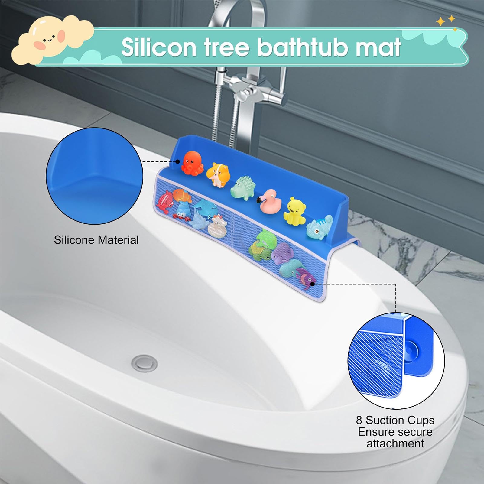 Paraspruzzi per vasca da bagno per bambini, Paraspruzzi per vasca da bagno - Area ripiano giochi Blue Splash Guard | Organizer per mensola per vasca da bagno per bambini con ventosa,