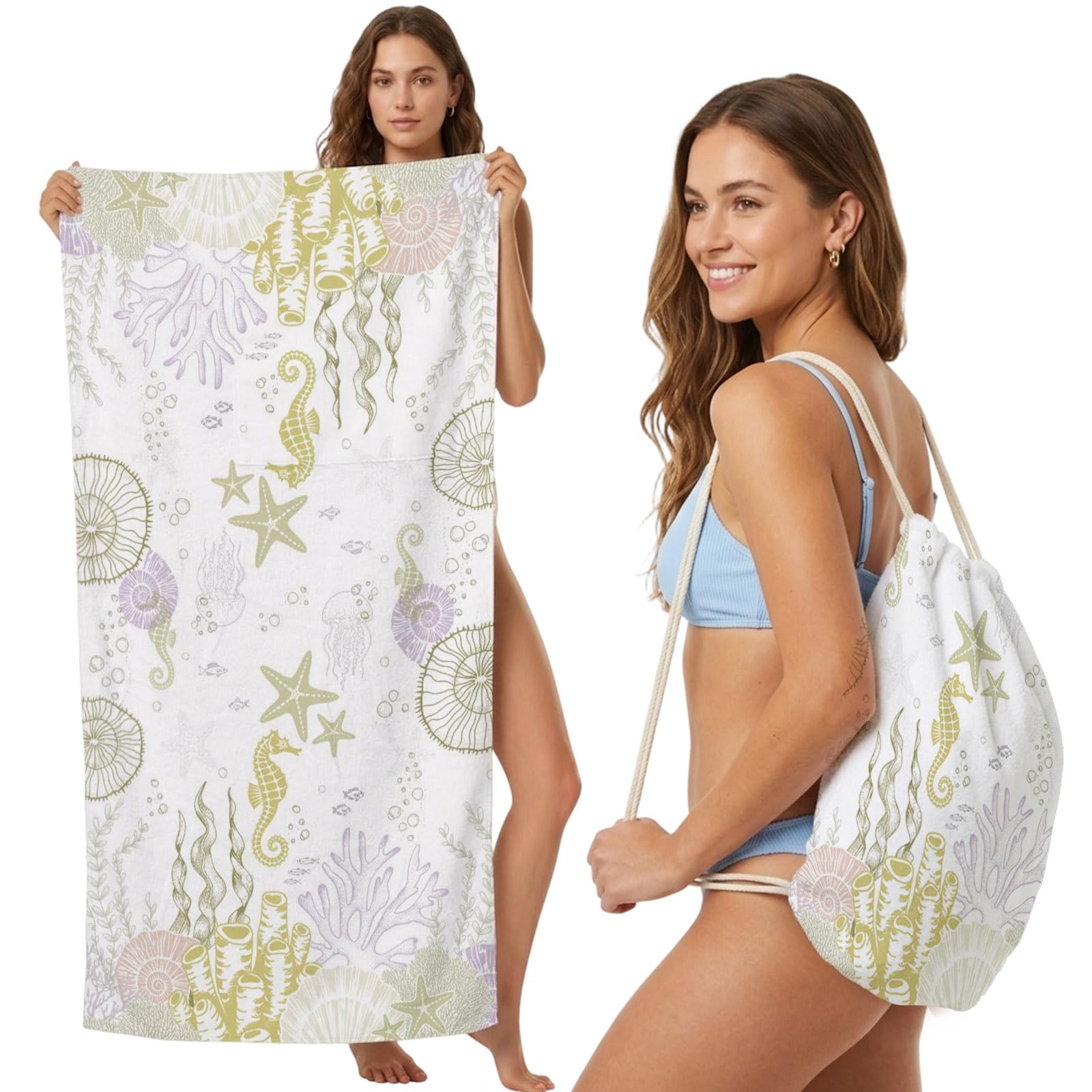 FWJZDSP Beach Towel Backpack, Ocean Coral Seahorse Shell 2-in-1 Foldable Soft Microfiber Quick Dry Beach Towel 31.5x63in Abstract Marine Life Lightweight Pool Towels Bag for Travel, Yoga, Gym