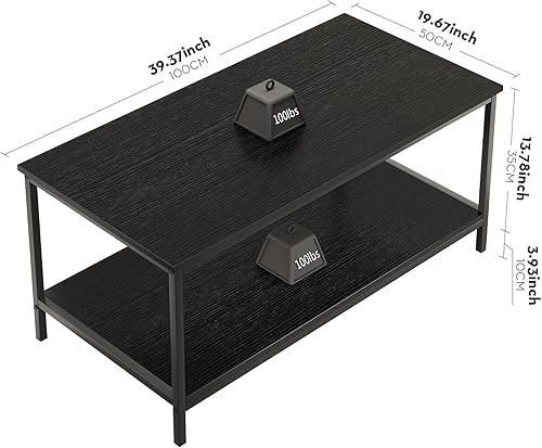 Miniatura 3 de SAYGOER Mesa de café negra para sala de estar moderna, mesa de café rectangular de 2 niveles con almacenamiento, mesa central de madera industrial