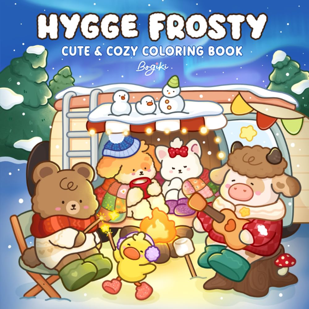 Hygge Frosty: A Cozy Coloring Book for Adults and Teens Featuring Cute Animal Friends in Peaceful Winter Scenes for Relaxation