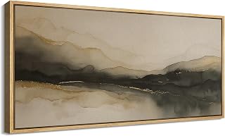 SIGNFORD Extra Large Framed Canvas Print Wall Art Dark Ink Wash Abstract Mountain with Gold Accents Illustrations Modern Art Calm Warm for Living Room, Bedroom, Office - 60"x30"