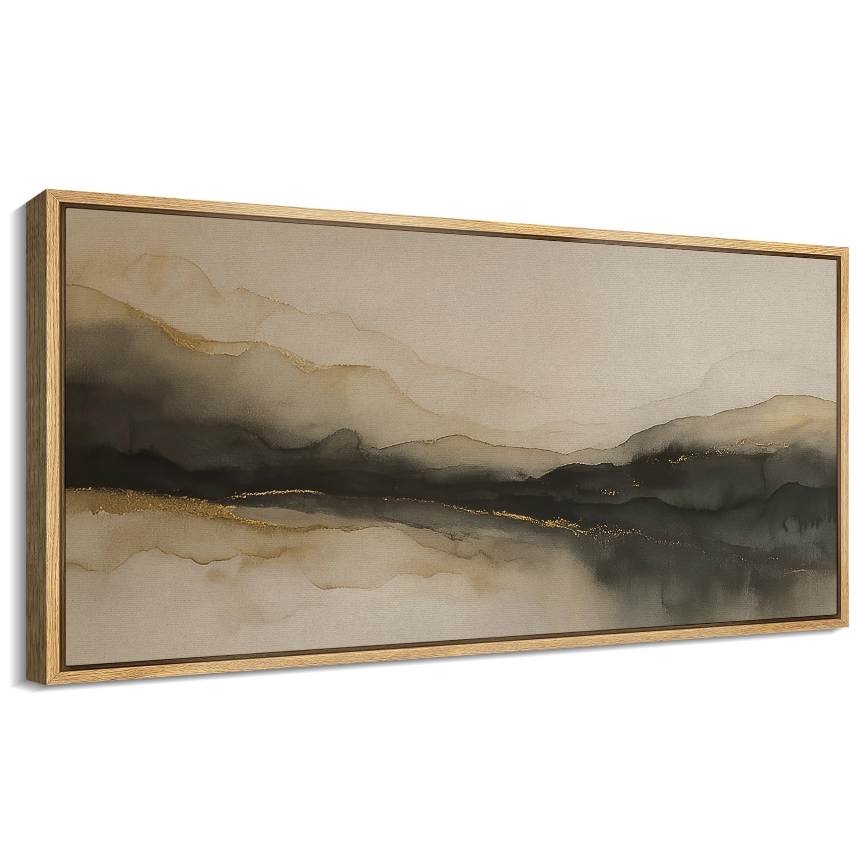 signford extra large framed canvas print wall art dark ink wash abstract mountain with gold accents illustrations modern art calm warm for living room, bedroom, office - 60"x30"