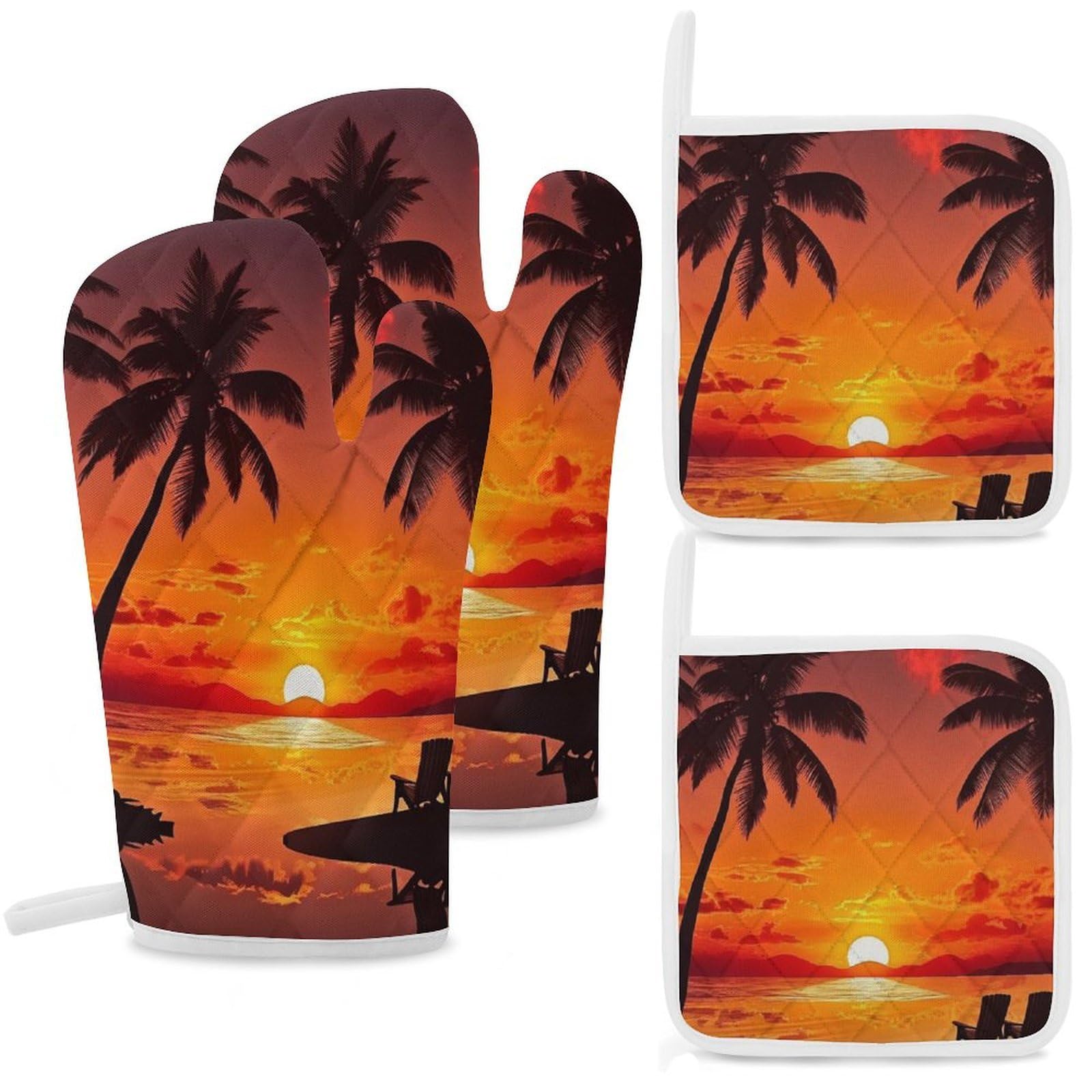 Oven Mitts and Pot Holders Set of 4 Heat Resistant Non-Slip Kitchen Gloves Hot Pads Sunset and Coconut Trees Mittens Gloves Non-Slip Potholders for Cooking Baking Grilling BBQ
