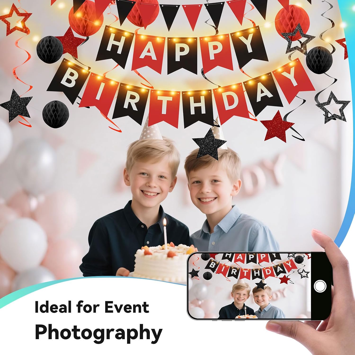 Birthday Decorations,Black Red Happy Birthday Banner with Fairy lights,Pennant Banner,Honeycomb Balls and Star Hanging Swirls Streamer Happy Birthday Party Decorations for Women Men Boys Girls