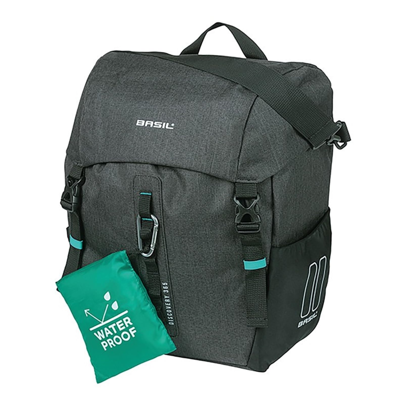 Basil Fahrrad Einzeltasche L MIK Hooks – 20L – Polyester – Außentaschen – Abnehmbarer Schultergurt – Regenschutz – Karabinerhaken – Reflektierend – Schwarz Meliert