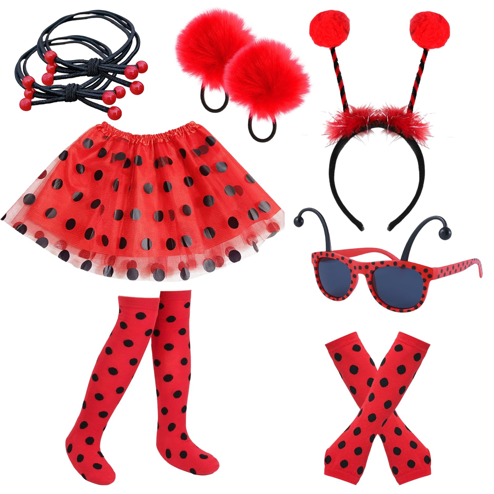 NZVQH 9 Pieces Ladybird Costume Accessories, with Tutu, Headband, Glasses, Hair Ties, Gloves, Socks for Fancy Dress, Red, for Halloween, Animal Fancy Dress Cosplay