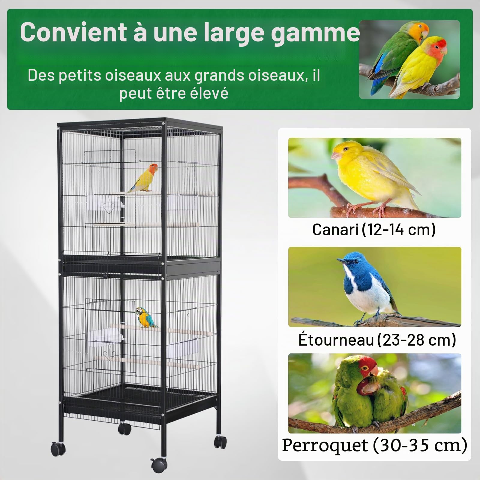 Cage à Oiseaux métallique Grand Stable Double étage et Aire de Jeu, avec Chariot Roulant, tiroirs extractibles, perchoirs en Bois et mangeoires, idéale pour perruches ondulées, perruches nymphes