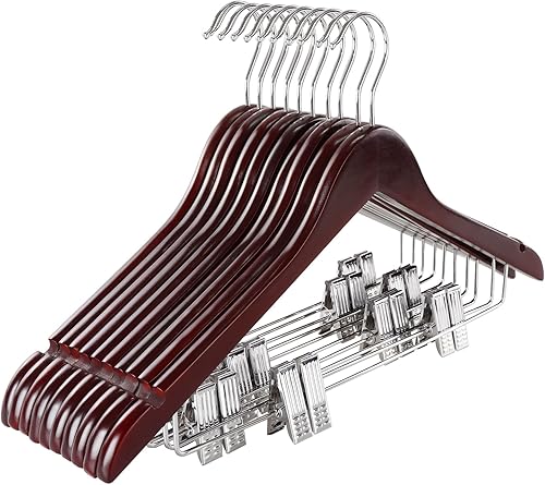 TOPIA HANGER Perchas de madera para trajes con clips de metal ajustables (paquete de 10), perchas de madera maciza, gancho giratorio de 360, perchas