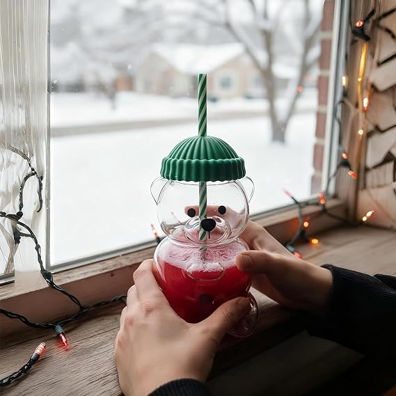 Cute Bear Glass Cup, Glass Bears Cup with Lid and Straw, Bears Shaped Glass Cup