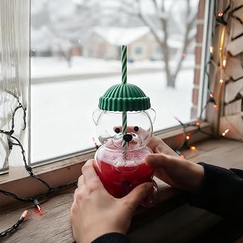 Cute Bear Glass Cup, Glass Bears Cup with Lid and Straw, Bears Shaped Glass Cup