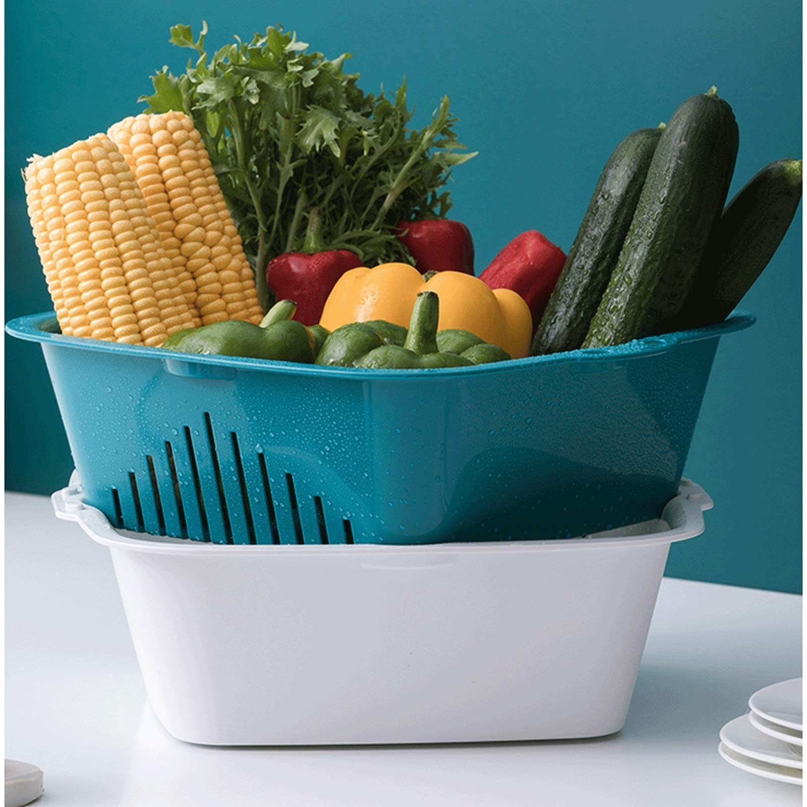 Colador, colador, colador, colador, colador, colador, colador, cesta de drenaje, cesta de drenaje de plástico 2 en 1, cesta cuadrada for frutas y verduras, recipiente de filtro desmontable con gancho