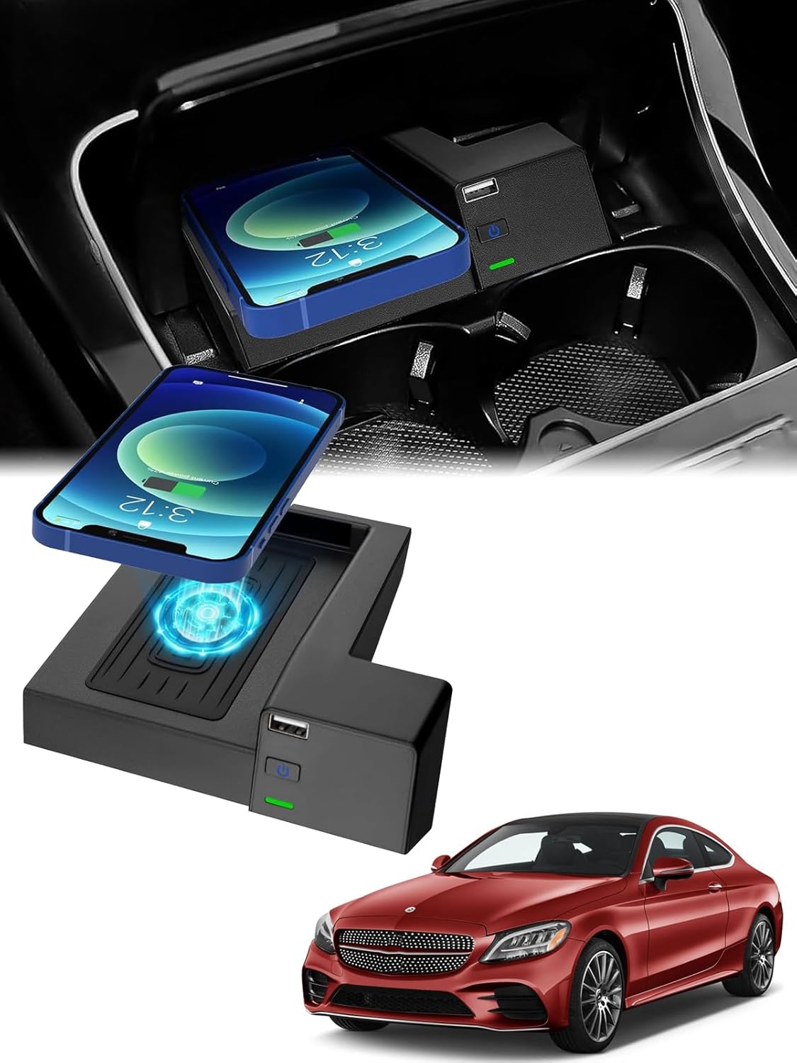 CarQiWireless Wireless Charger for Mercedes Benz C-Class/GLC-Class 2016 2017 2018 2019 2020 2021 Accessories,Automotive Center Console Organizer Wireless Charging Pad for Mercedes C300/GLC 300