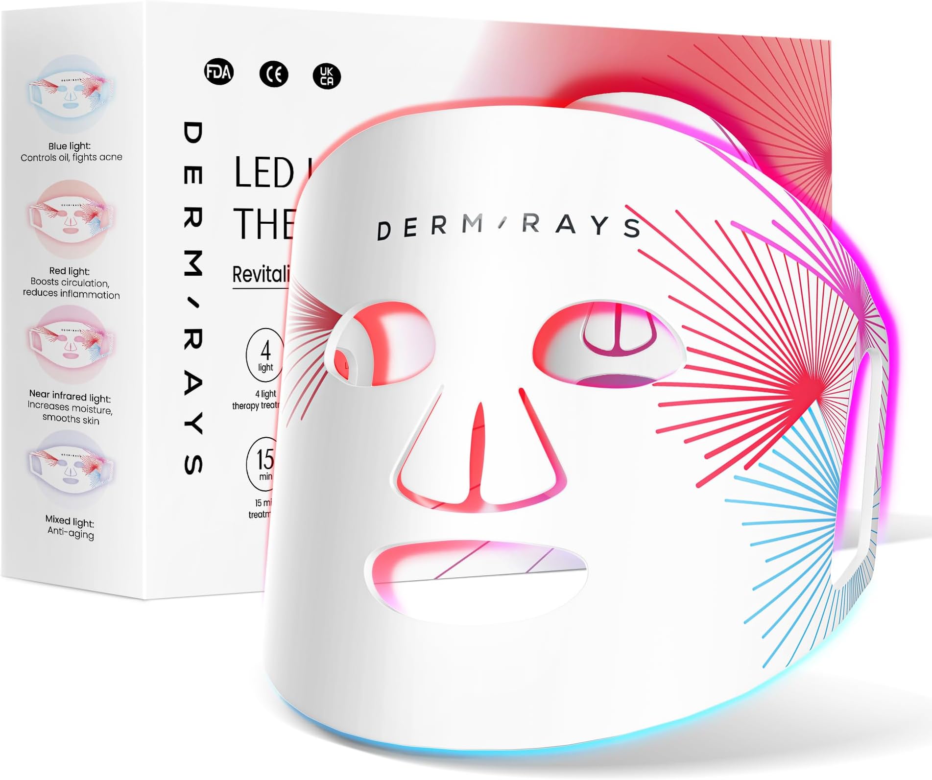 DermRaysLED Light Therapy Mask, Silicon Flexible Face Mask, 4 Color Lights Therapy at-Home, Revitalize & Renew Your Skin, Targets Fine Lines, Wrinkles & Redness