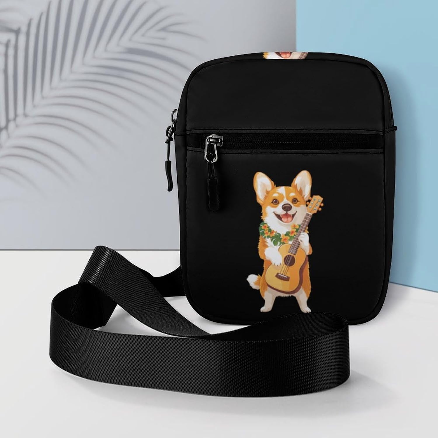Corgi Dog Playing Ukulele Guitar Small Crossbody Bag Sling Shoulder Satchel | for women men,work travel workout,detachable and adjustable shoulder strap