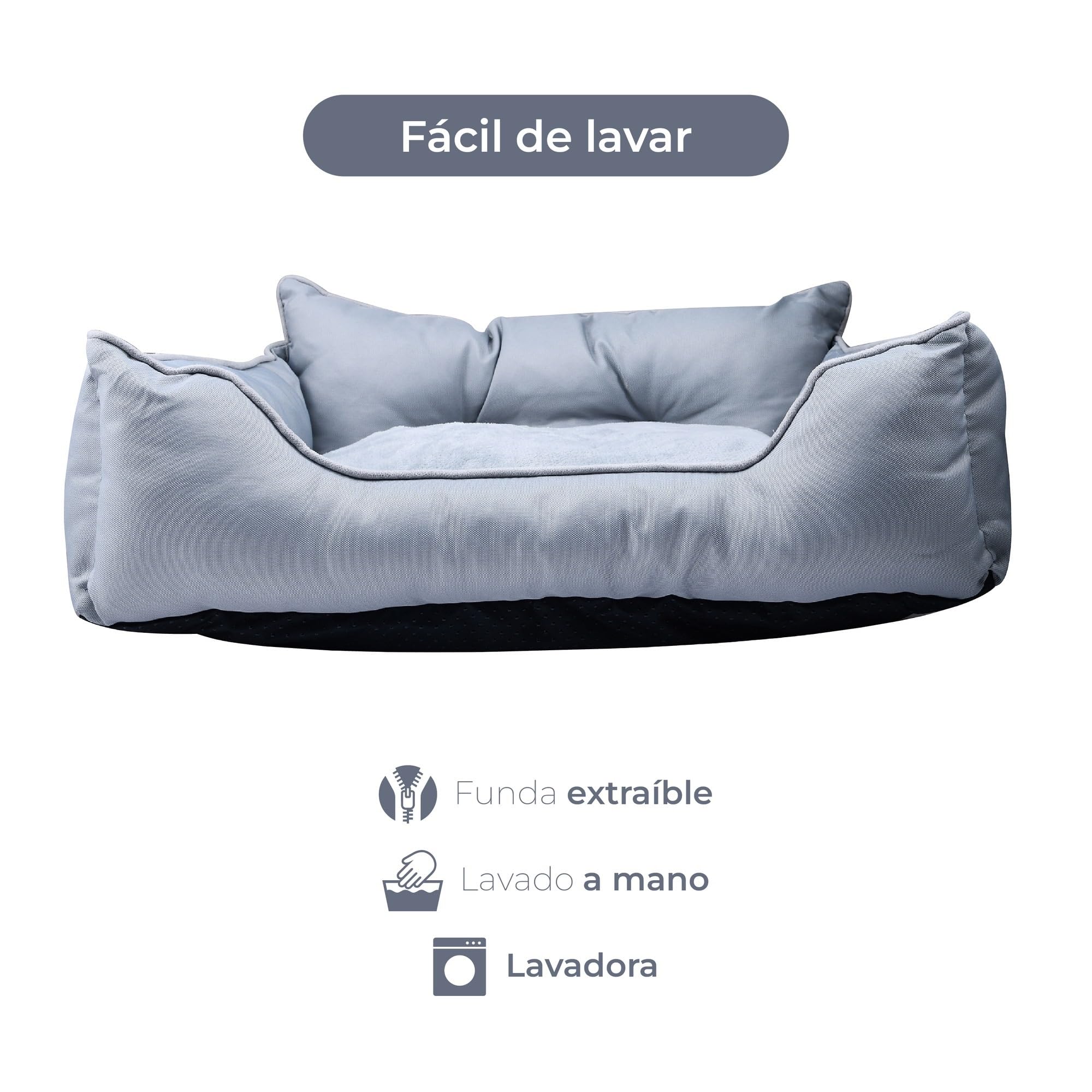 Haustierbett | Farbe Grau | Maße 90 x 70 x 28 cm | ergonomisches Bett für mittelgroße Hunde | maschinenwaschbarer Bezug | und Futternapf aus Edelstahl und Halterung aus Bambus
