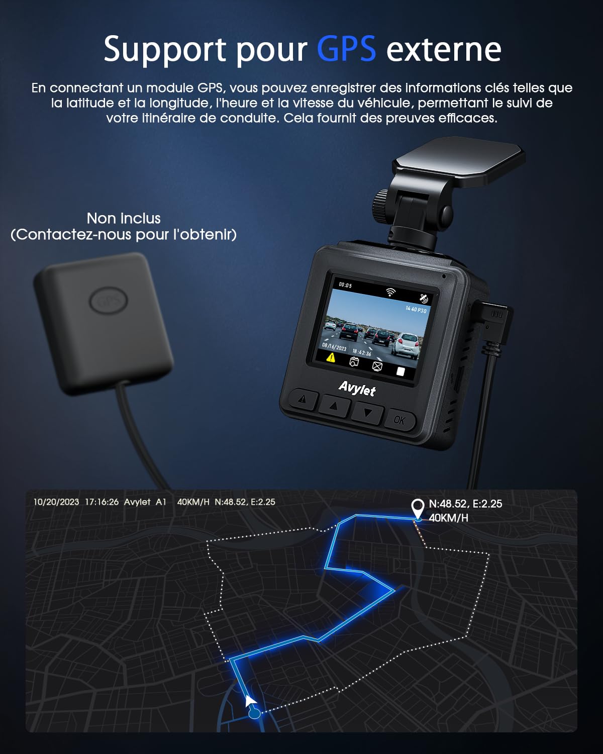 Avylet 2K Dashcam Voiture, 1440P Wi-FI Caméra Embarquée Voiture App, Mini Dash Cam Avant, GPS Externe, Écran IPS de 1.5", Vision Nocturne, WDR, 24H Mode Parking, Capteur G, Enregistrement en Boucle