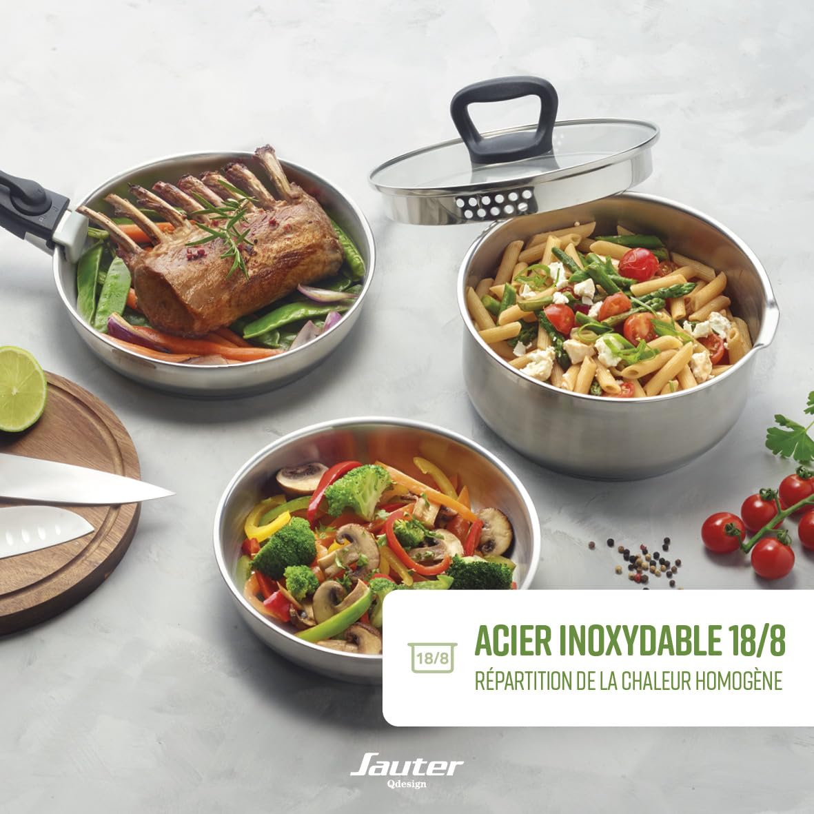 Qdesign - Batterie de Cuisine à Induction 10 Pièces - Set de 3 Casseroles, 3 Poêles et 3 Couvercles Passoires avec Poignée Amovible - Acier Inoxydable - Lot pour Tout Feu - Argenté