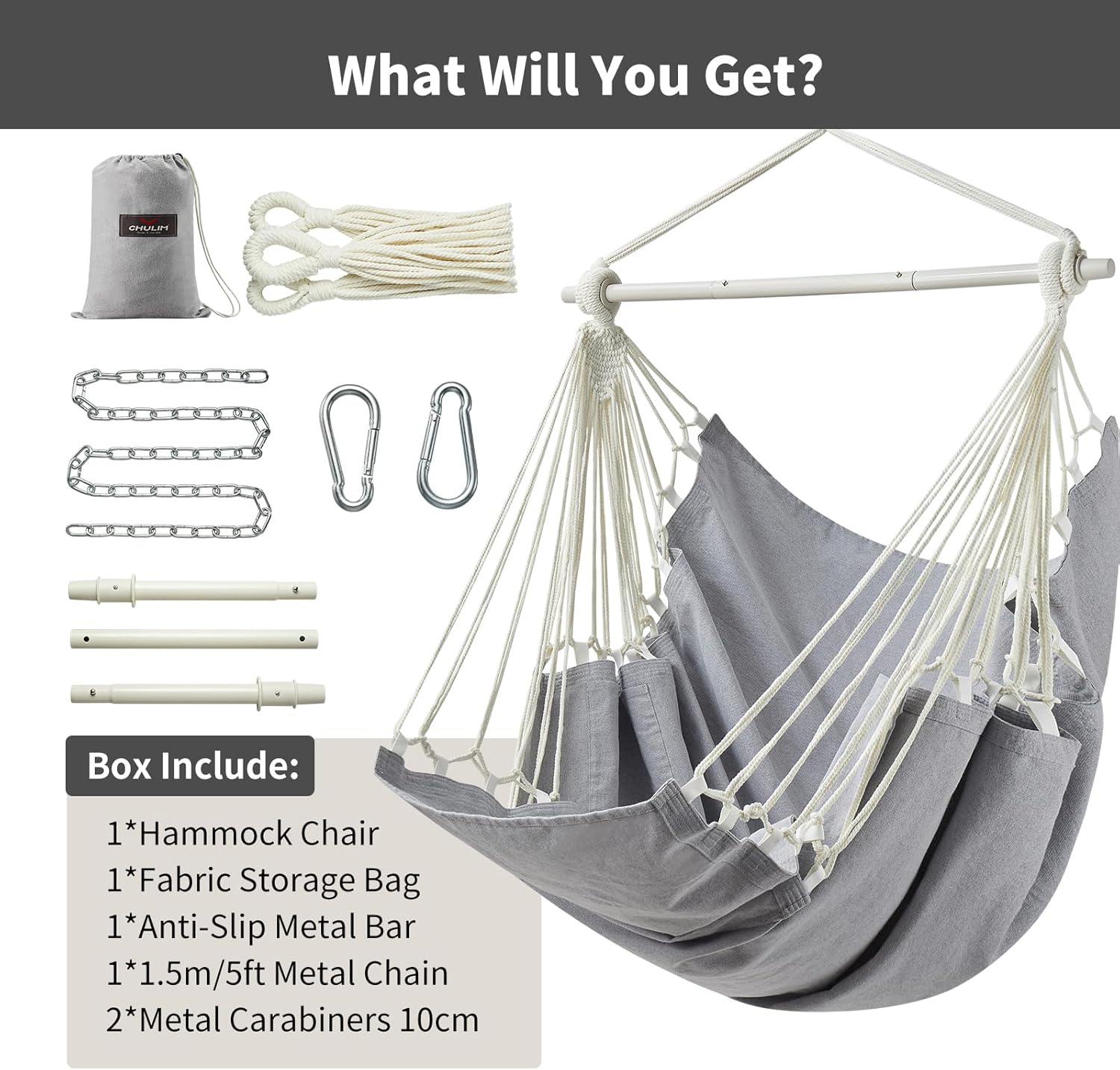 Hanging Hammock Chair Swing MAX 500 lbs Outdoor Hanging Chair with Footrest Indoor Swing Chair with Portable Steel Spreader Bar and Hardware Kit for Bedroom Living Room Patio Porch - Grey - Image 5