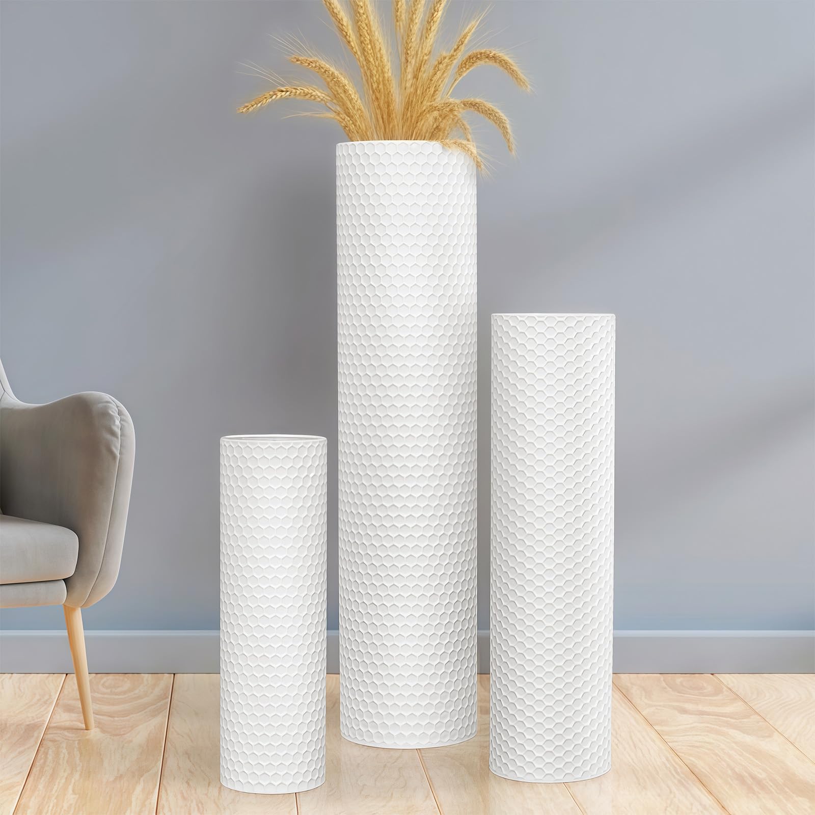 rloao Tall Floor Vases Set of 3, 70/55/40cm Large White Metal Floor Standing Vases, Modern Cylinder Flower Vases for Living Room Corner Home Bedroom Dining Office Decor for Pampas Grass