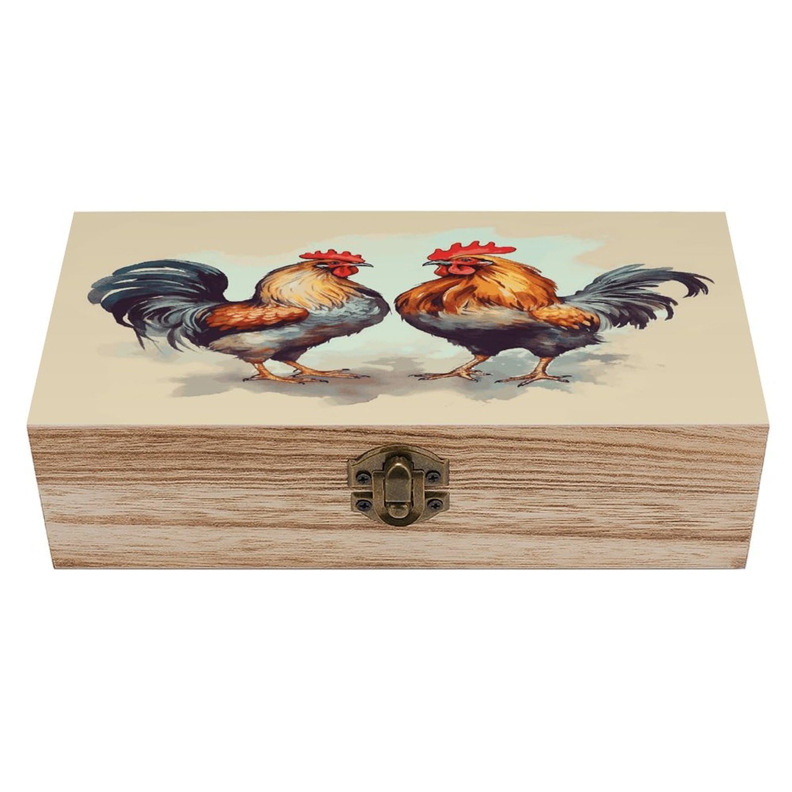 FekiLoot Rooster And Hen Wooden Jewelry Box Personalized Wood Keepsake Box Large Decorative Wooden Storage Boxes with Hinged Lid Rustic Style Wood Jewelry Organizer for Desk Home Office