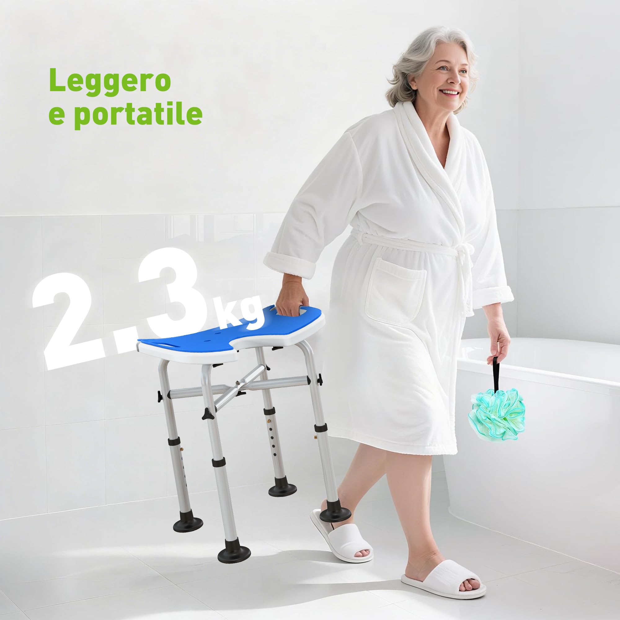 HOMCOM Sgabello da Doccia Regolabile in Altezza con Maniglione a Ventosa, Sedia da Doccia per Anziani e Disabili con Seduta Imbottita a U e Piedini Antiscivolo, Blu Scuro