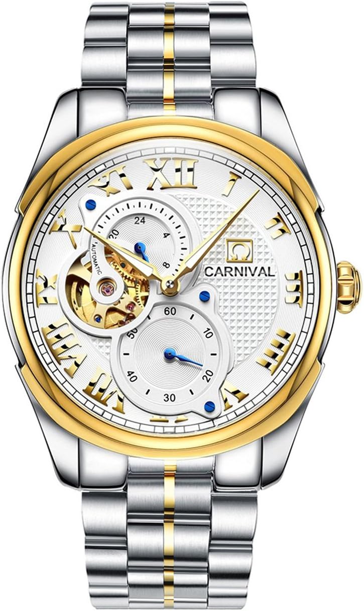 PASOY Men's Watch Automatic Mechanical Tourbillon Stainless Stell Date Blue Dial Skeleton Watch