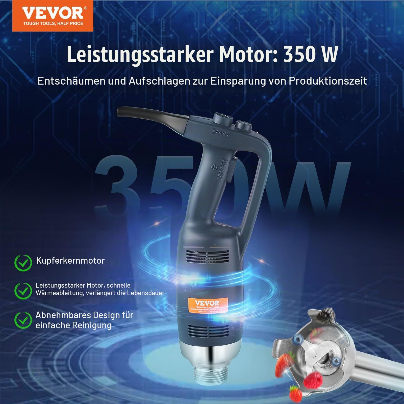 VEVOR kommerzieller Stabmixer Handmixer 350 W, 254 mm stufenloser Stabmixer mit variabler Drehzahlen und Edelstahlklinge, tragbarer Mehrzweckmixer für Suppen, Saucen, Kartoffelpüree, Sahne