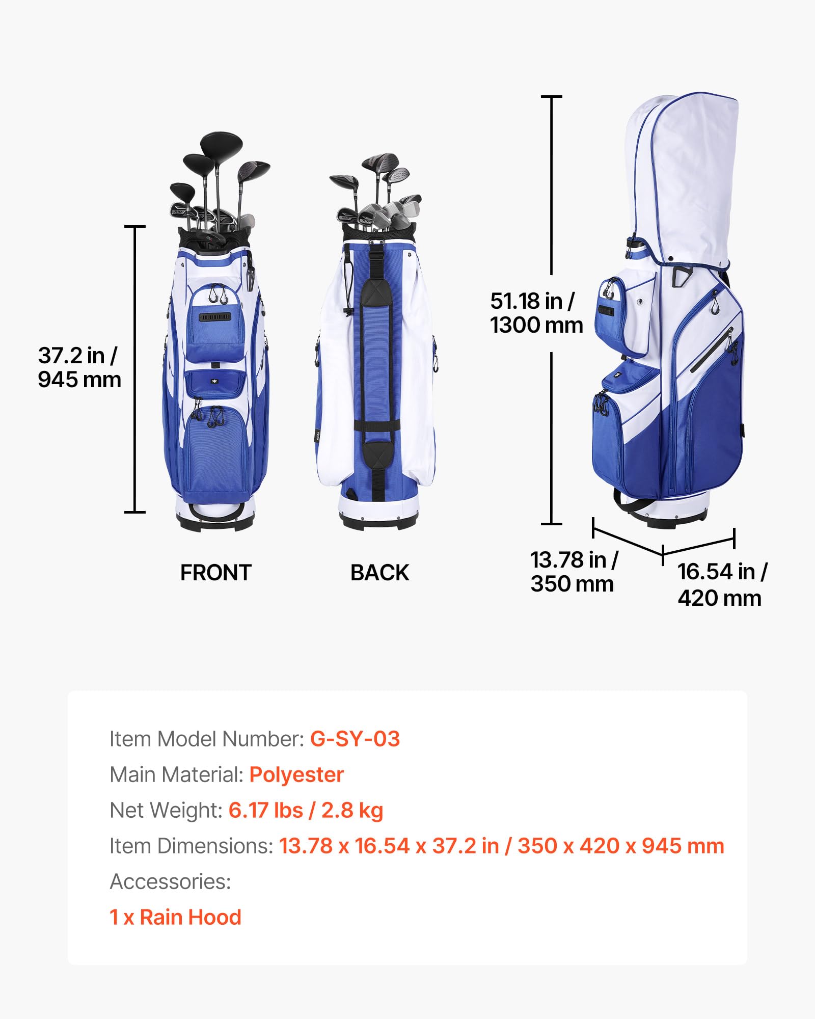 VEVOR Golfbag mit 15-facher Einteilung, Golftasche mit Ergonomischem Schultergurt Durchgehenden Trennfächern Regenhaube Stautaschen, Caddybag aus Leichtem Polyester für Herren Damen Golf Cartbag